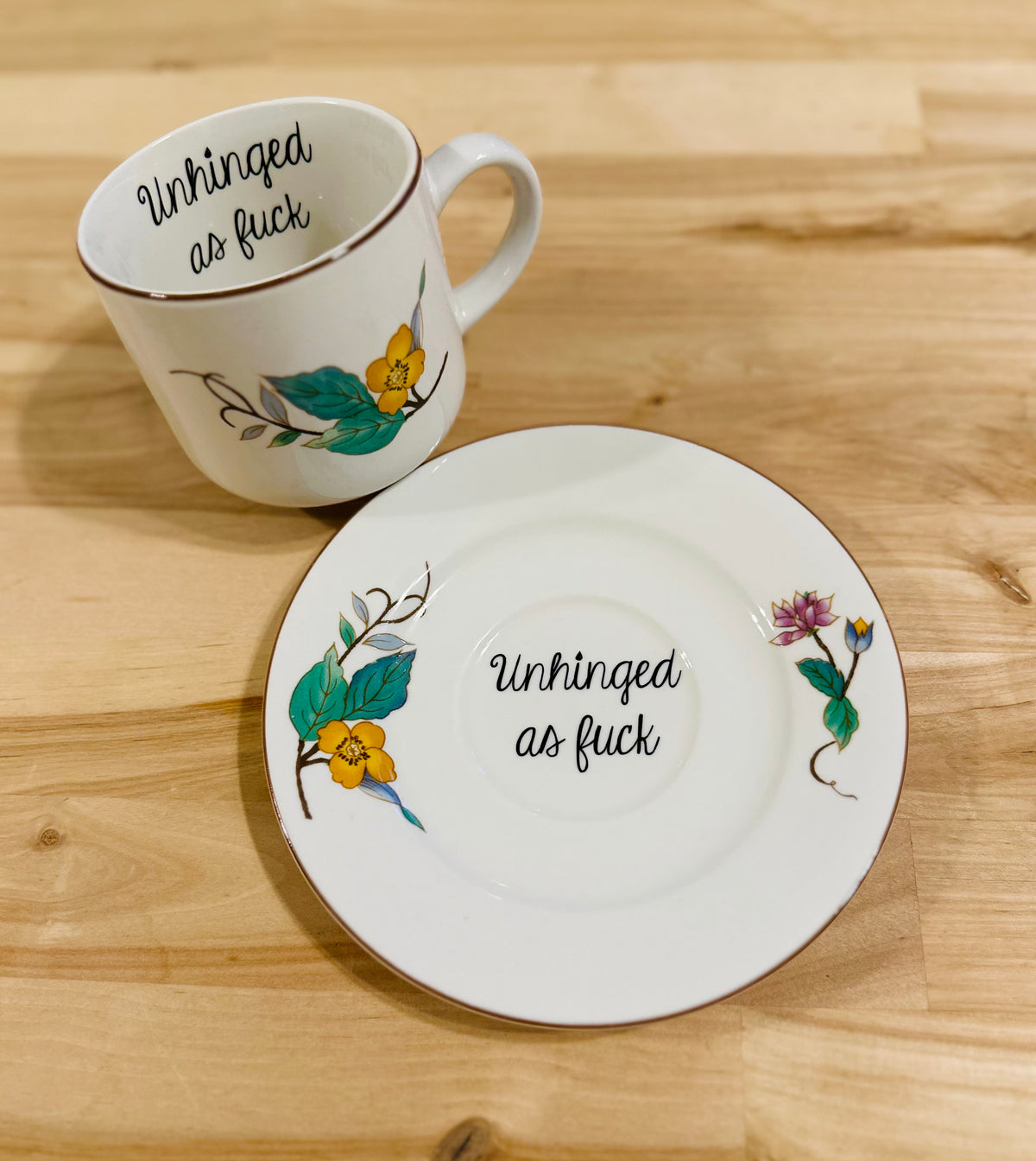 Unhinged as fuck vulgar vintage large floral tea/coffee cup and matc Vulgar Teacups