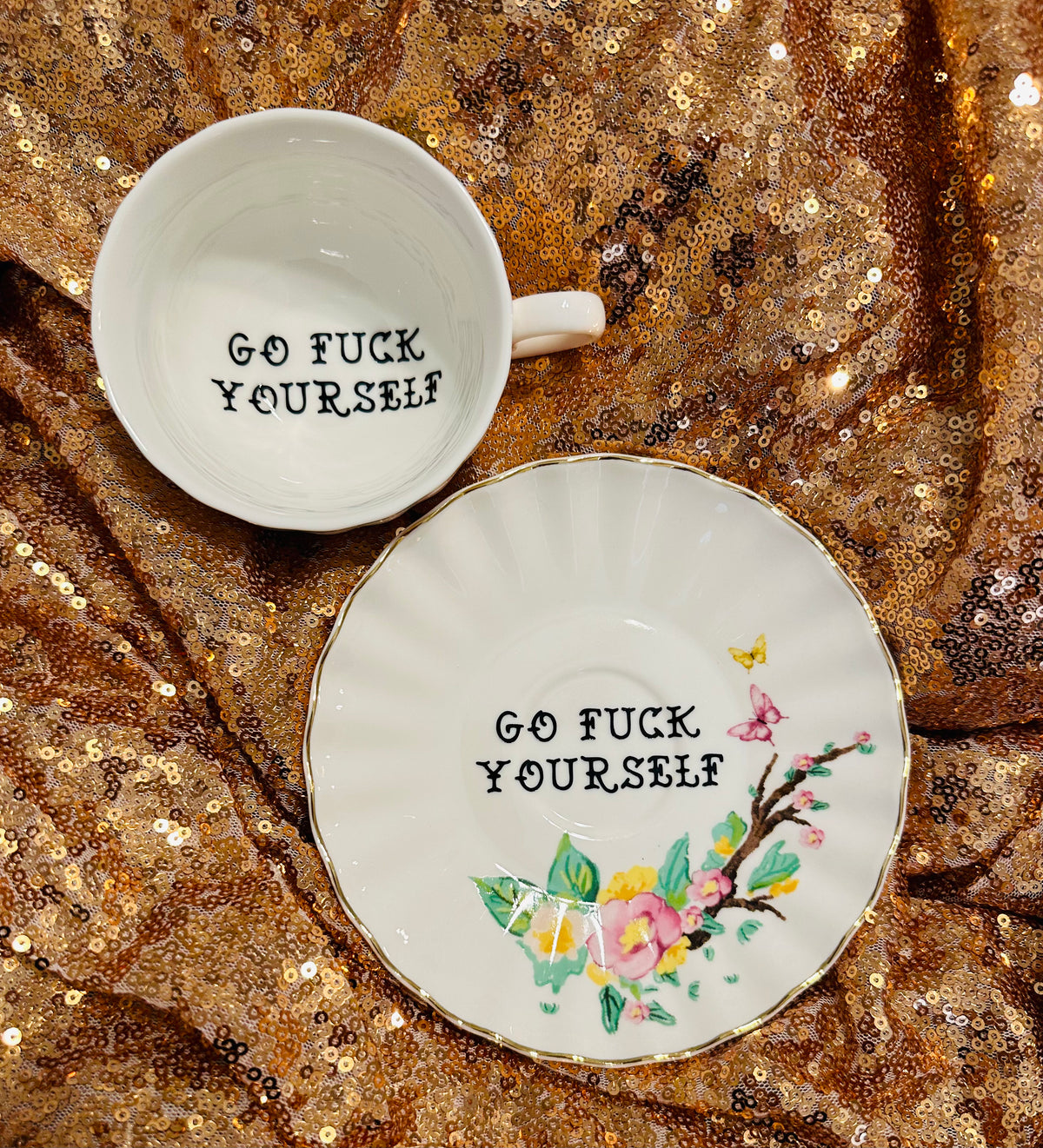 'Go F Yourself' Vulgar Floral Tea Cup & Matching 'Bitch' Saucer Vulgar Teacups